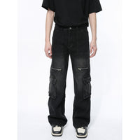 Vintage Zipper Design Multi-pocket Workwear Jeans