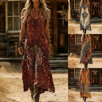 Retro Bohemian Print V-neck Slip Dress