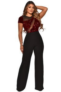 Spliced Gauze Irregular Sequined Short-sleeved Jumpsuit