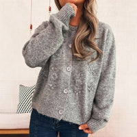 Simple Casual Flower Cardigan Round Neck Long Sleeve Sweater