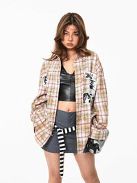 Retro Distressed Brushed Printed Plaid Shirt Loose Top