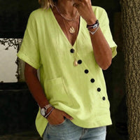 V-neck Solid-color Casual Cotton-linen Top With Buttons For Women