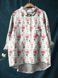 Lapel Long Sleeve Shirt Vintage Floral Flower T-shirt Shirt