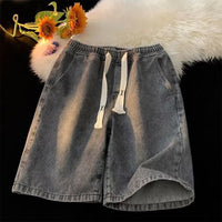 Men's Hong Kong Style Distressed Loose Elastic Waist Denim Shorts