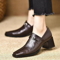 Womens Leather Belt-buckle Shoes With A Square