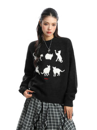 Korean Cat Jacquard Soft Round Neck Sweater