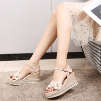 Muffin Wedge Beaded Flower Buckle Sandals