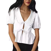 Summer Polka Dot Plaid Solid Color Short Sleeve Lace Up Peter Pan Collar Shirt
