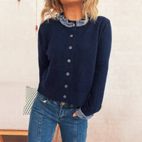 Lace Stitching Single-breasted Long Sleeve Solid Color Slim Fit Sweater