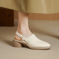 Women's Closed Toe Platform Genuine Leather Sandals, Round Toe, Chunky Heel, Single Buckle Strap, Open Back Roman Style, First-Layer Lambskin Shoes