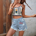Womens Embroidered Casual High-Waist Raw-Edge Ripped Denim Shorts