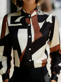 Bold Geometric Color-Block Printed Stand Collar Lantern Sleeve Shirt