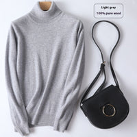 Pure Wool Sweater Women's Turtleneck Pullover Solid Color Loose Short
