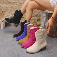 Pointed Toe Western Boots Fashion Retro Embroidered Chunky Square-heeled Mid-calf Boot For Women