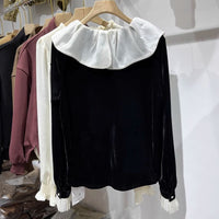 Lotus-Leaf Collar Patchwork Gold Velvet Shirt For Women