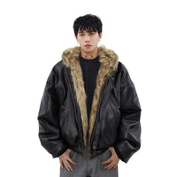 Mens Winter Fleece-Lined Thickened Reversible Leather-and-Fur Jacket