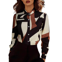 Bold Geometric Color-Block Printed Stand Collar Lantern Sleeve Shirt