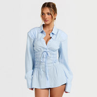 Womens Stylish Elegant Lapel Blouse With Pleated Details And Long Sleeves