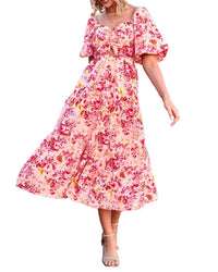 Digital-Print Bohemian Floral Patchwork Mid-to-High-Waist Dress