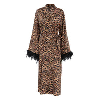Leopard-print Feather-paneled Loose And Comfy Loungewear Robe