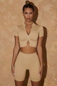 New INS Internet Celebrity Seamless Yoga Clothes Women's Zipper Rib Sports Short Sleeve Shorts Suit