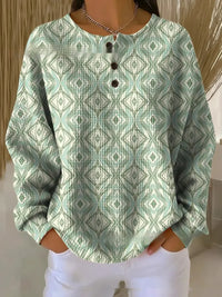 Retro Geometric 3D Digital Print Three-Button Stand-Up Collar Womens T-Shirt Top