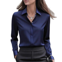 Solid Color Long Sleeve Lapel Satin Blouse