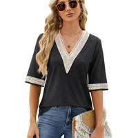 Womens Loose Top With Golden Lace Panels And Three-Quarter Sleeves