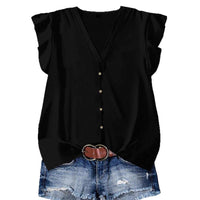 Solid-color V-neck Buttoned Flutter-sleeve Blouse For Women