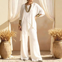 Womens Cotton-linen Crew-neck Loose Casual Two-piece Set