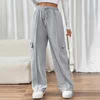 Casual Elastic High-Waist Straight Pants With Patch Pockets