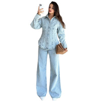 New POLO-collar, Cinched-waist Denim Casual And Comfortable Set