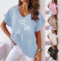 Womens Casual Cotton-Linen Short-Sleeve Batwing T-Shirt With Floral Print And V-Neck