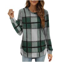 Women's Casual Loose Plaid Long Sleeve Round Neck Irregular Bottoming Shirt Top