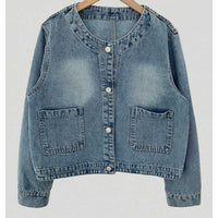 Retro Crew Neck Double Pocket Simple Wash Denim Jacket
