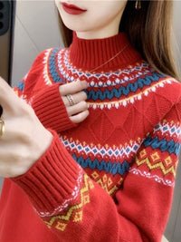 Autumn And Winter Blue Pullover Mock Neck Sweater Women's New Loose