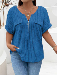 Solid-color Plus-size Top With Zipper Short Sleeves And Faux Pockets