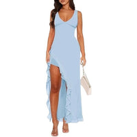 V-neck Hemline Dress Sleeveless Womens Clothing With A Letter-print Ruffled Trim