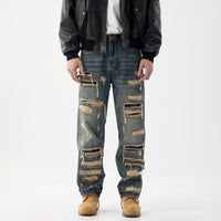 Mens Distressed Hole-Detailed Wide-Leg Denim Jeans With Custom Patches