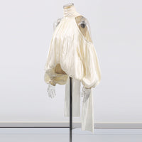 French Style Temperament Bow Lace-up Off-shoulder Chiffon Shirt Women's New Sweet Halter Puff Sleeve Loose Top