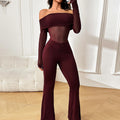Women's Mesh-Panel Off-the-Shoulder Long-Sleeve Jumpsuit