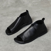 British Genuine Leather Slip On Peep Toe Sandals Flat