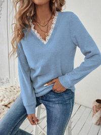 Knitted Lace V-neck Leisure Pullover Long Sleeve