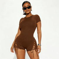 Womens Solid-Color Short-Sleeve Slimming Jumpsuit