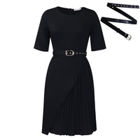 Solid-color Stylish And Elegant Midi Skirt Featuring A High-rise Waist Pleated Detailing And Three-quarter-length Sleeves