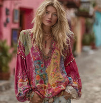 Artistic Printed Crew Neck Long-sleeve Blended Fabric T-shirt Blouse With Ethnic Style