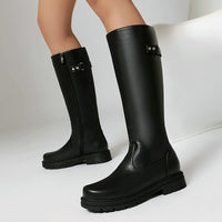 Womens Retro British-Style Leather Belt-Buckle Riding Boots