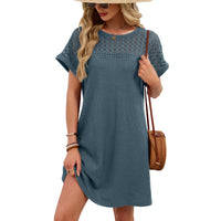 Solid-color Crewneck Lace-panel Loose-fit Short-sleeve Dress