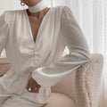 Solid-color French-style Womens Top With Tummy-flattering Pleats And Long Sleeves