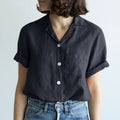 Women's Solid-Colored Cotton-Linen Pocketed Shirt